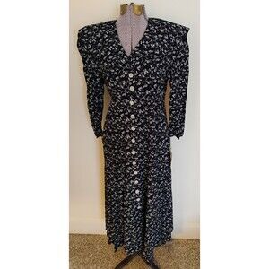 VTG Floral Dress 80s Rayon Button Front Back Tie Modest Cottagecore Midi sz 6/8